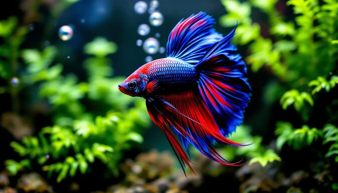 Vibrant blue halfmoon betta fish with flowing iridescent fins gliding through a lush planted aquarium
