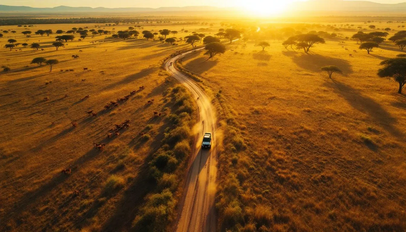 Aerial view of African savanna with anti-poaching patrol vehicle on a dirt road, impala grazing below